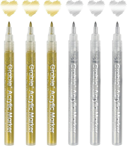 Grabie Black & White Extra Fine Tip Acrylic Paint Marker Set, 6 Pack, 0.7mm Acrylic Paint Pens for Highlights and Fine Details on Drawings, Rock Painting Glass Canvas Wood, White Highlight Markers