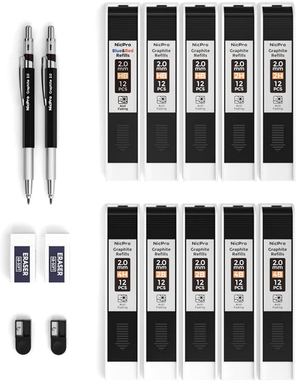 Nicpro 2mm Metal Mechanical Pencil Set with Case, 3PCS Lead Pencil Holder 2.0 mm with 144PCS Lead Refills (4H 2H HB 2B 4B 6B Color), Eraser, Sharpener for Drafting Writing Drawing Sketching