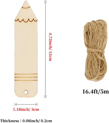 Whaline 50Pcs Back to School DIY Craft Cutout Wooden Pencil Shaped Hanging Ornaments with Hemp Rope for First Day of School Classroom Party Decoration Supplies