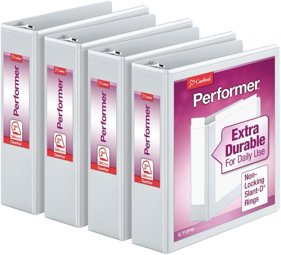 Cardinal Performer 3-Ring Binders, 3", Non-Locking Slant-D Rings, 725-Sheet Capacity, ClearVue Presentation, Non-Stick, PVC-Free, White, 4-Pack (27600)