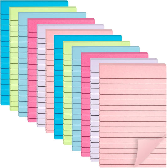 12 Pack Lined Sticky Notes, 3x3 Inch & 4x6 Inch, Ruled Self-Stick Memo Pads, Sticky Notes for Writing, to-Do Lists, Office, School, Home (Neon, 4x6 in)