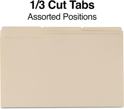 Staples Recycled File Folders, Legal Size, 1/3‑Cut Tabs, Manila, 30% Recycled Paper Stock, 100/Box