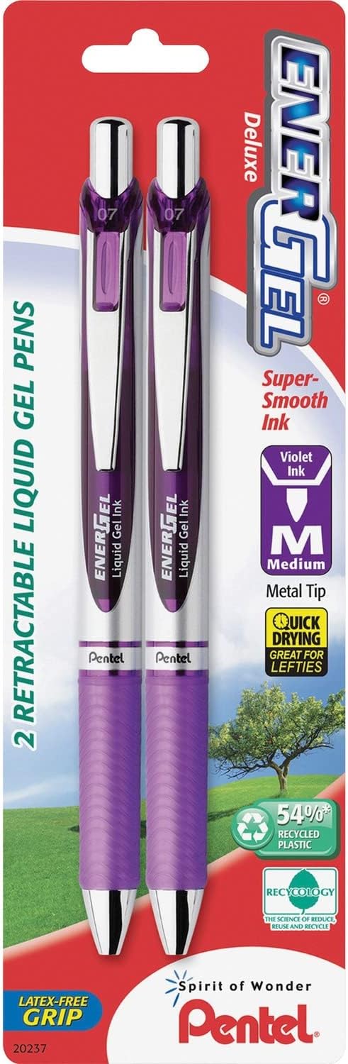 Pentel EnerGel RTX Retractable Liquid Gel Pen, Medium Line, Metal Tip, Pink/Violet Ink, 2-Pack (BL77BP2PV)