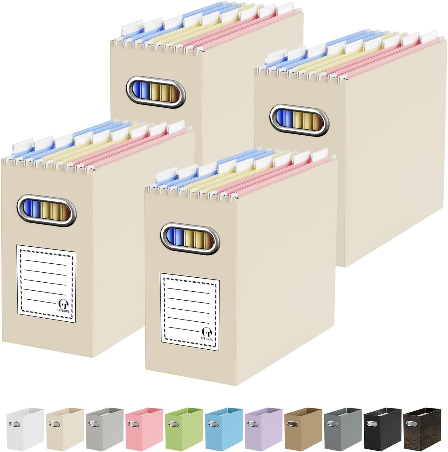 Oterri File Organizer Box, Portable Collapsible Cardboard File Folder Organizer with Handle for Letter Size Hanging Files, Document Storage Box for Home Office & Classroom (4 Packs, Black)