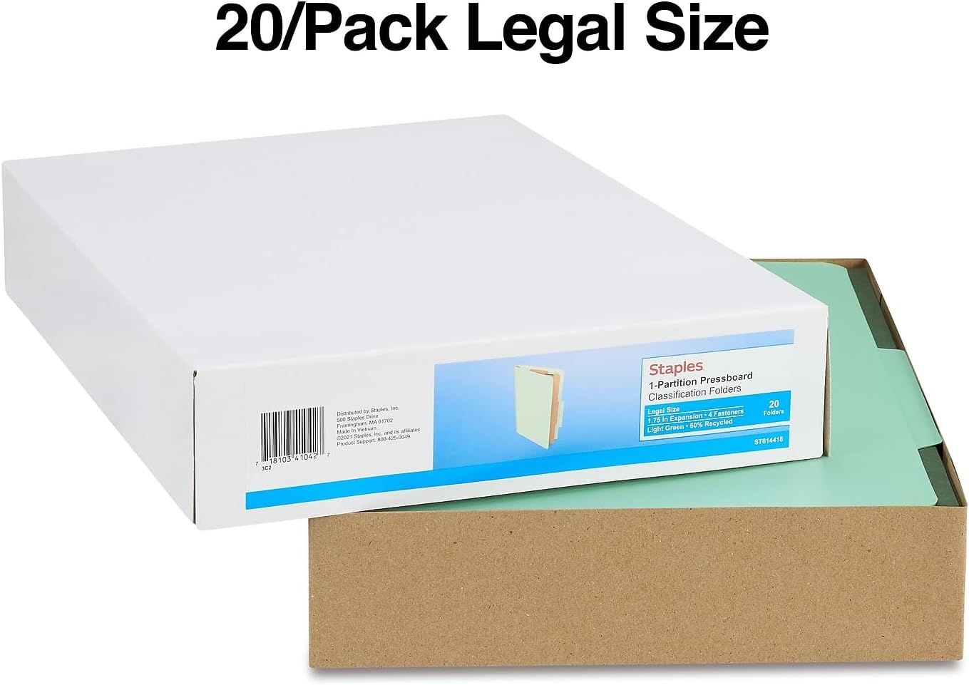 Staples Pressboard Classification Folders, Legal Size, 1‑Divider, 1.75" Expansion, Light Green, Heavy‑Duty Construction – 40/Carton