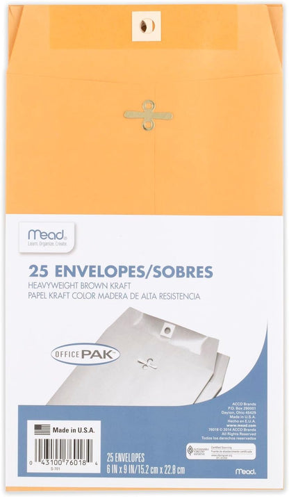 Mead Envelopes, 9" x 12", Clasp Closure, Brown Kraft All-Purpose 24-lb Paper Mailing Envelopes, 20 Count (76020)