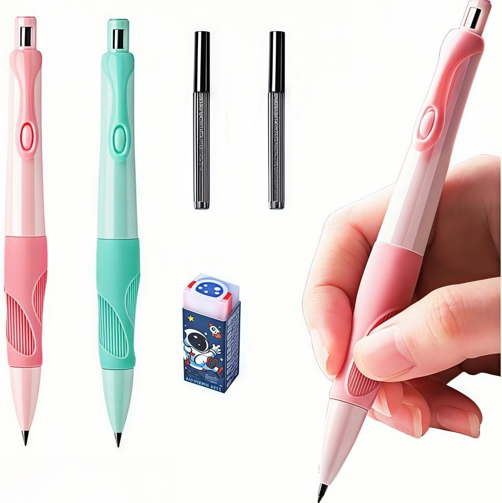 Handwriting thick mechanical pencils with grip: 2.0MM HB Pencil for kids with 14 leads (6 pack)