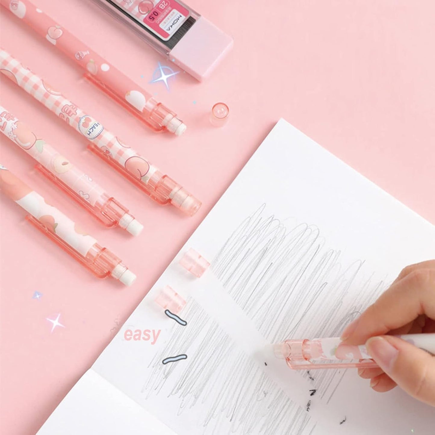MOZXIRZ 4 Pcs Cute Mechanical Pencils with Top Eraser 0.5mm Cartoon Space Mechanical Pencil School Pencil for Women (6pcs Space)