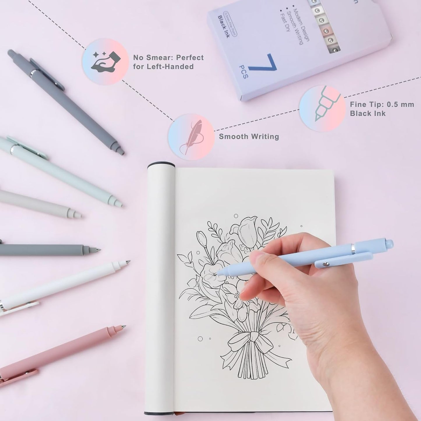 Donse 7 Pcs Gel Pens: 0.5mm Quick Dry Black Ink Fine Point Smooth Writing Pens High-End Series Ballpoint for Journaling Note Taking School Office Supplies Gifts for Women Men Nurse Teacher Students