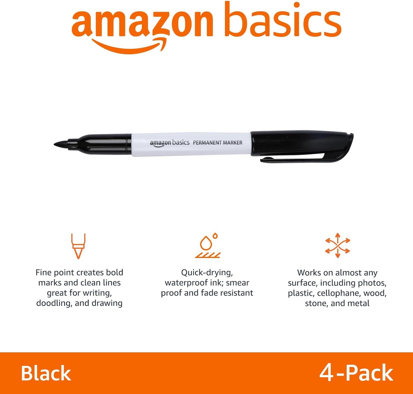 Amazon Basics Fine Tip Permanent Markers for Writing, Drawing, Quick Drying, Office, School, and Home Use, Black, 24 Pack