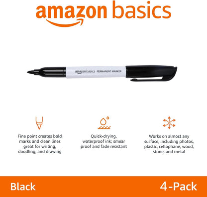 Amazon Basics Fine Tip Permanent Markers for Writing, Drawing, Quick Drying, Office, School, and Home Use, Black, 24 Pack