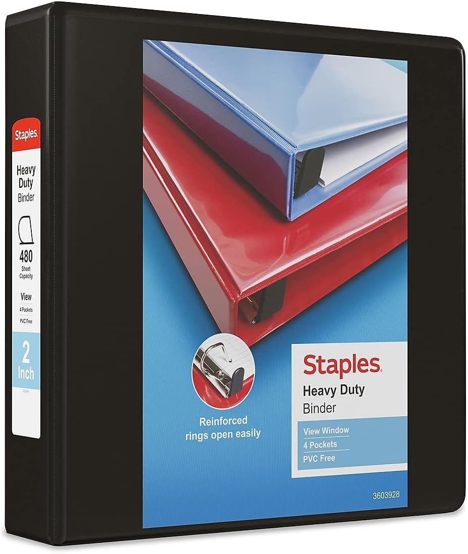 Staples Heavy-Duty 2-Inch D-Ring View Binder, Reinforced Spine, Holds Up to 450 Sheets, Gray, for Office & School