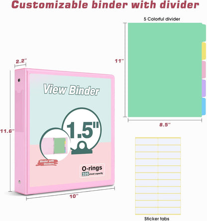 3 Ring Binder 1.5 inch，Cute Binder Organizer with 5 Tab Dividers Fits 175 Sheets of 8.5x11 Paper,Customizable Clear Cover with Inside Pockets,Aesthetic 1.5" Three Ring Binders for School Office,Purple