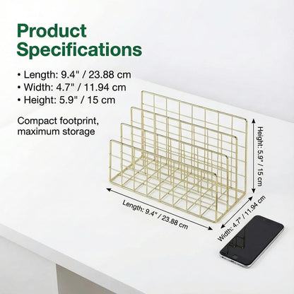 Simmer Stone Gold Letter Sorter Organizer for Desk, Premium Plated Metal Mail Holder with 3 Upright Slots, Ultra-Stable & Non-Wobbling Desktop Organizer for Envelopes, Documents, Palettes 9.5“ x 4.7 ”