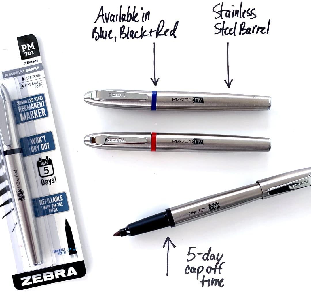 Zebra Pen, PM-701 Permanent Marker, Fine Bullet Point, Black Ink, Stainless Steel Barrel, Refillable, Includes 1 Refill, Cap Off Time of 120 Hours, 1-Pack (65211)