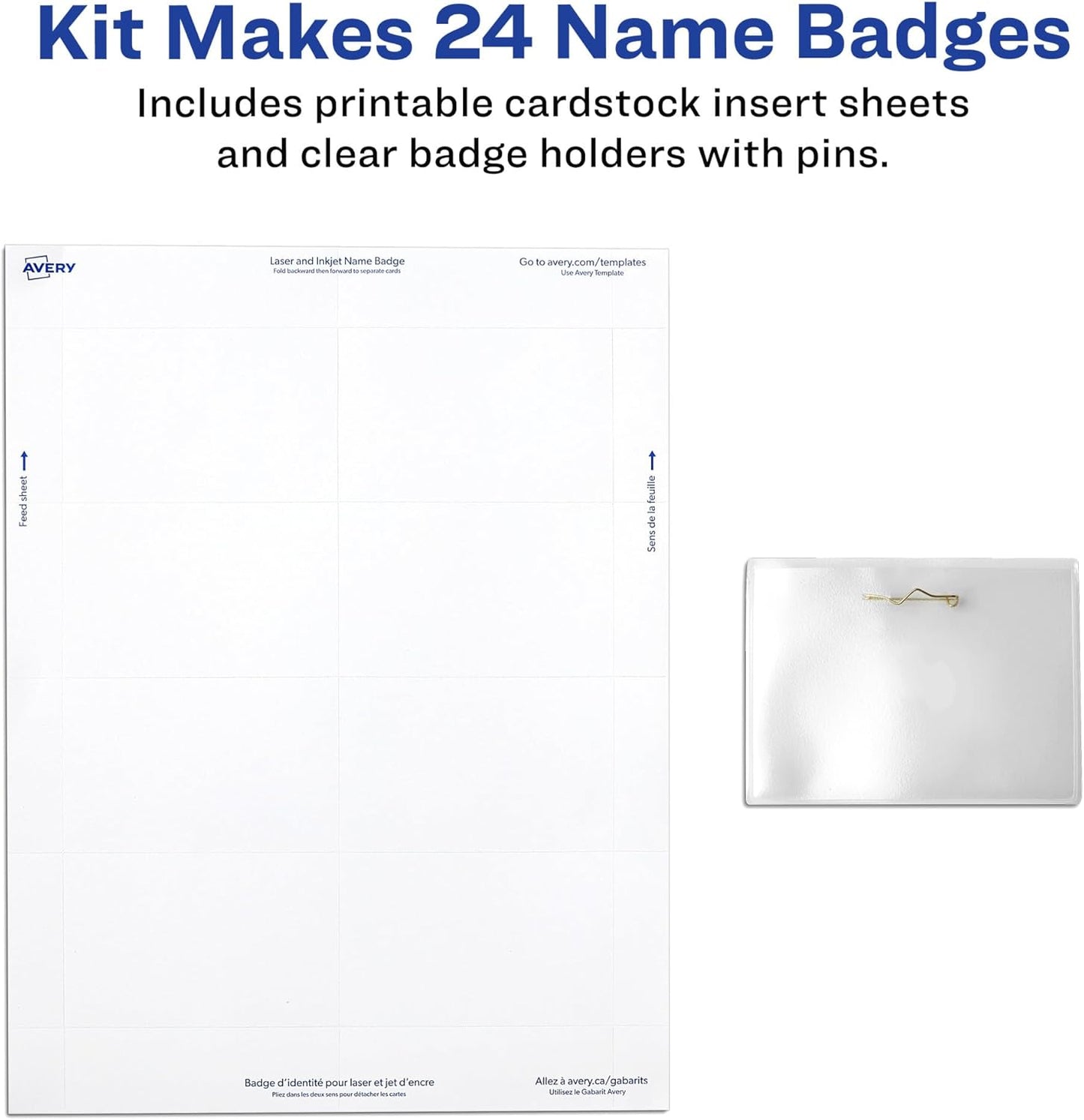 Avery Customizable Name Badges, Pin Style, 2.25" x 3.5", Clear Name Tag Holders, White Laser/Inkjet Printable Inserts, 100 Total (74549)