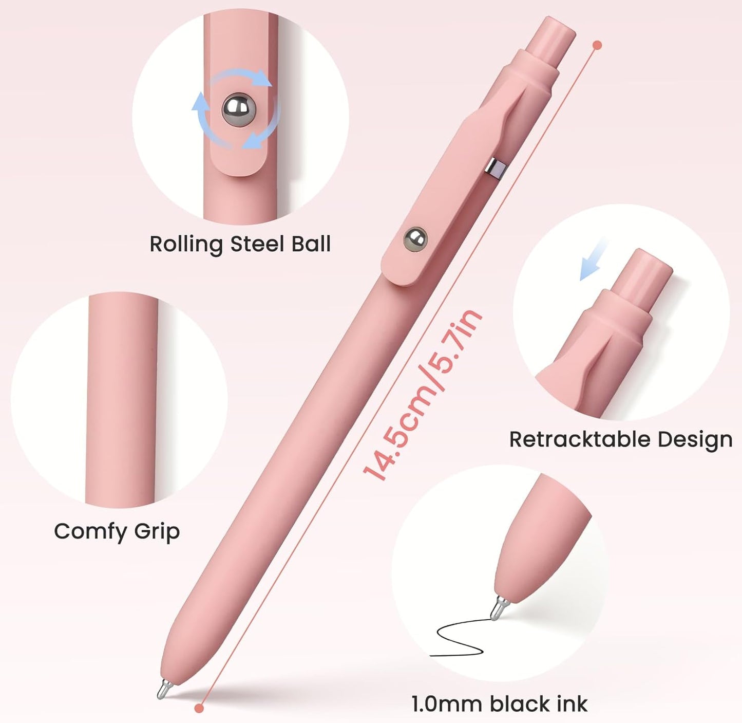 Sooez Ballpoint Pens Retractable, 12 Pack Black Pens ballpoint with Comfort Grip, Smooth Writing Fidge Pen for Journaling, Cute Office and School Supplies Bulk Pens, 1.0mm Medium Point Black ink