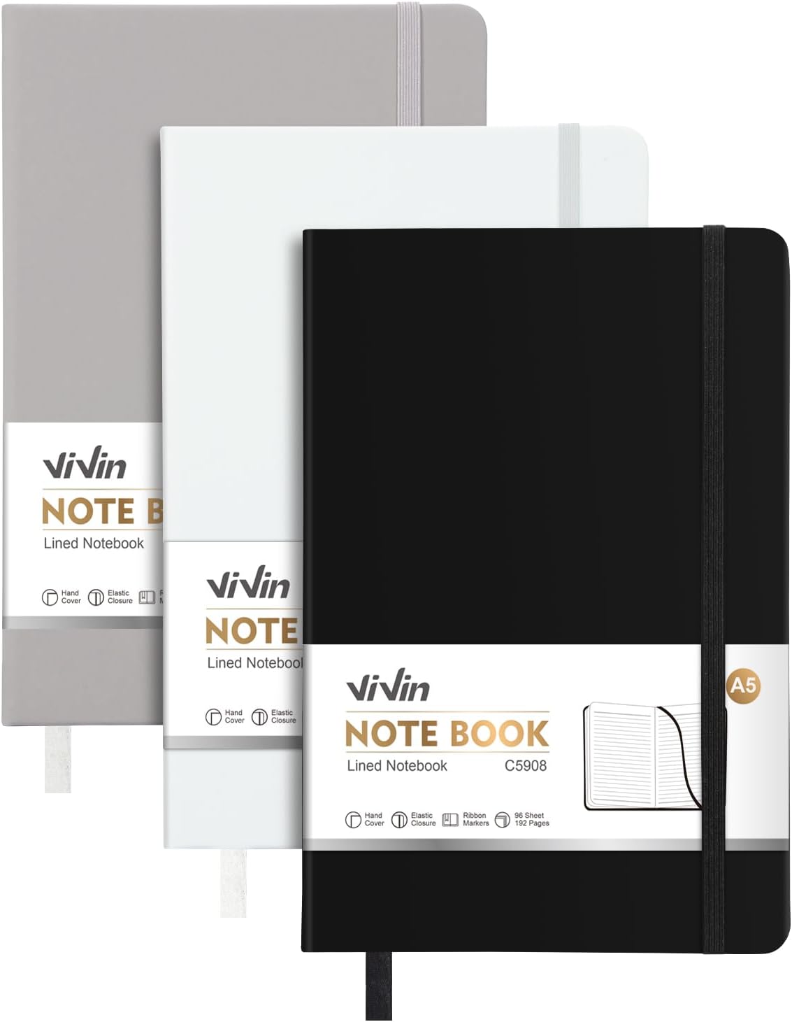 ViVin Lined Journal Notebooks for Work, 192 Pages, Medium 5.5 x 8.3 inch, College Ruled, A5 Hardcover Journaling Notebooks for Writing, 8 Pack Bulk,Black