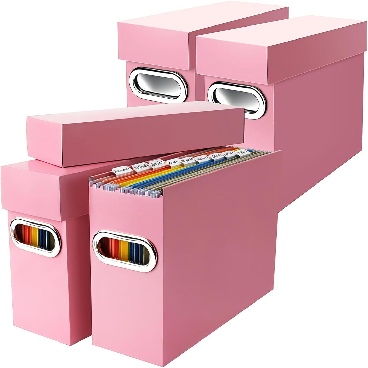 File Organizer Box with Lid & Handle, Thickened Cardboard Hanging File Folder Storage Boxes for Letter Size, Portable Filing Organizer for Office, Home, Classroom, Pink 2 Pack