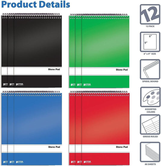Better Office Products Spiral Steno Pads, 12 Pack, 6 x 9 inches, 80 Sheets, White Paper, Gregg Rule, Assorted Solid Colors (Red, Black, Blue, Green), 12 Steno Notebooks