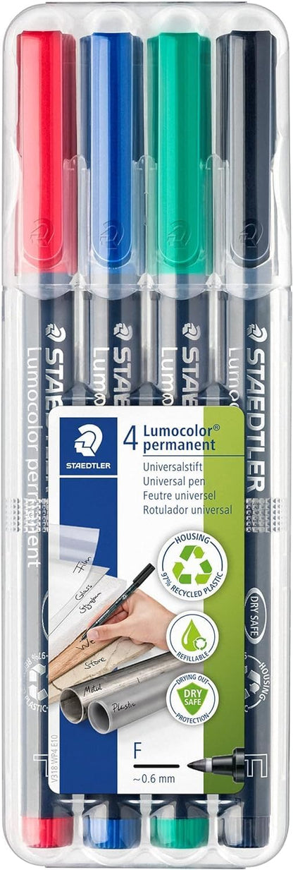 Staedtler 318-WP4 Lumocolor Permanent Universal Pens, Fine Point, 0.6mm, Assorted, 4 per Set