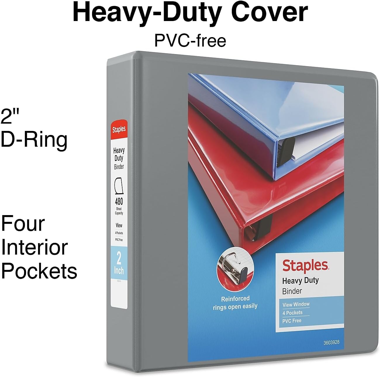 Staples Heavy-Duty 2-Inch D-Ring View Binder, Reinforced Spine, Holds Up to 450 Sheets, Gray, for Office & School