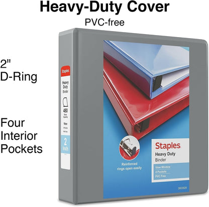 Staples Heavy-Duty 2-Inch D-Ring View Binder, Reinforced Spine, Holds Up to 450 Sheets, Gray, for Office & School