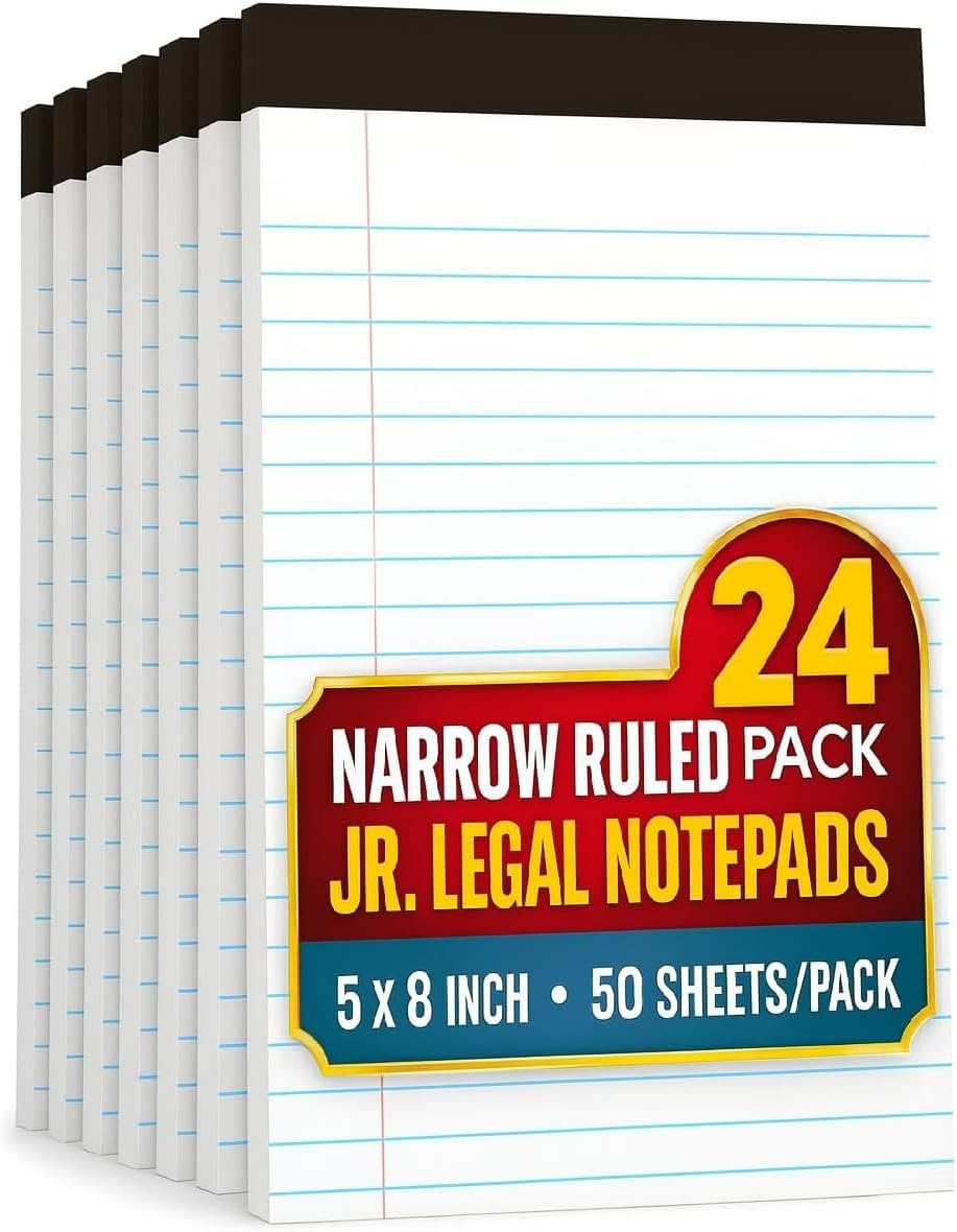 1InTheOffice Jr Legal Pads,Small Legal Notepads, 5" x 8", Narrow Ruled Note Pad, White, 50 Sheets/Pad, 24 Pads/Pack
