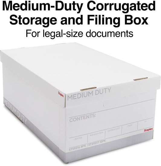 STAPLES Corrugated File Box Lift Off Lid, Letter/Legal Size, White/Black, 10/Pack