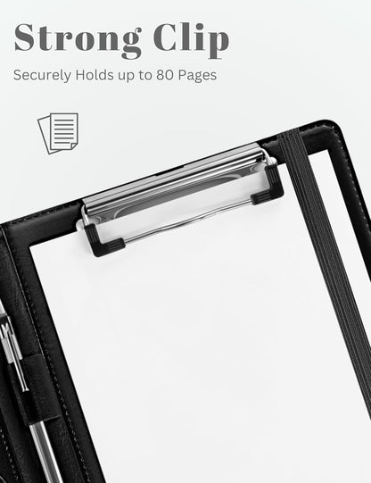 Small Clipboard Junior Padfolio Folio 7 x 9 Writing Pad Refillable, Mymazn Faux Leather Folder A5 for Notepad 5 x 8 Junior Size Portfolio (Black)