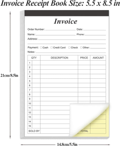 Invoice Receipt Book with Cardboard 2-Part Carbonless, 5.5" x 8.5" Order Forms, 50 Sheets Carbonless Sales Invoice Book for Small Business