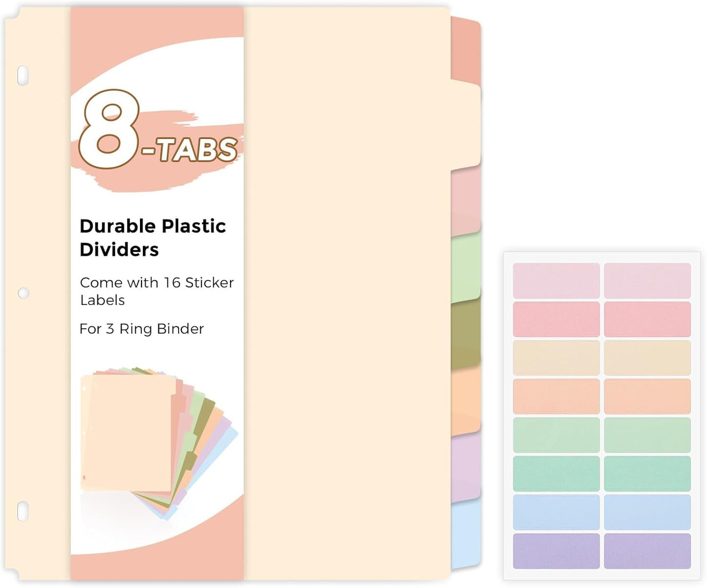 SKYDUE 8 Tab Durable Plastic Dividers, Big Tab Dividers for 3 Ring Binder, Letter Size,Write & Erase Binder Dividers with Tabs, with Sticker Labels, 1 Set, Aesthetic Pastels Binder Dividers