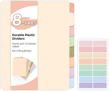 SKYDUE 8 Tab Durable Plastic Dividers, Big Tab Dividers for 3 Ring Binder, Letter Size,Write & Erase Binder Dividers with Tabs, with Sticker Labels, 1 Set, Aesthetic Pastels Binder Dividers