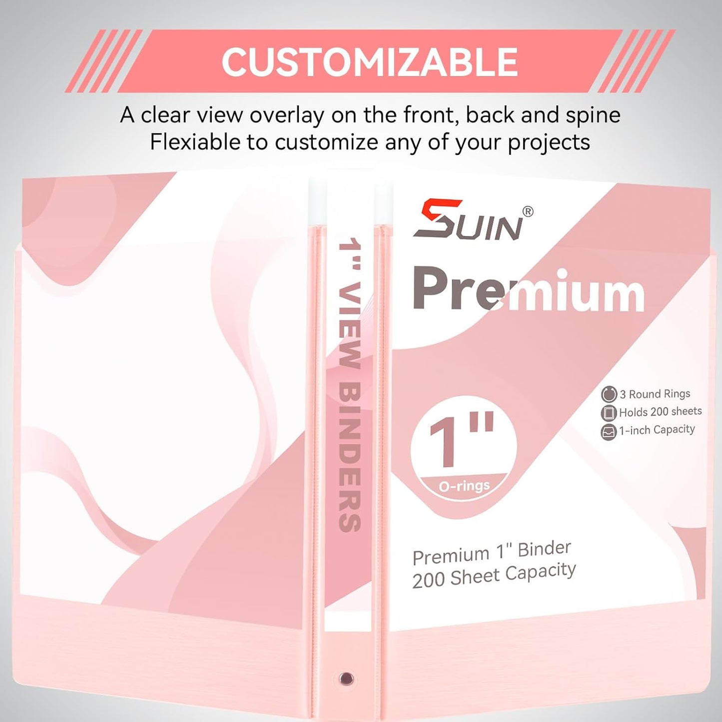 SUIN 1 Inch 3 Ring Binder, Clear 1'' View Presentation Binders with 2 Pockets, Fits 8.5 x 11 Letter Size, Durable Polypropylene, Non-Stick & PVC-Free for School, Office & Home (Orange)