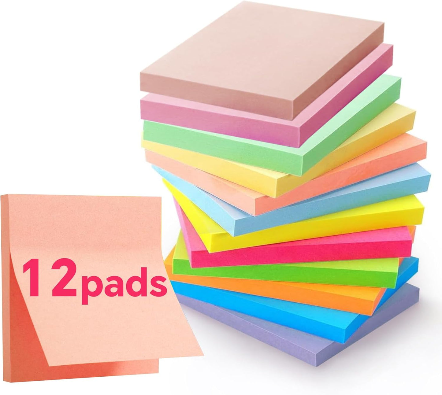 Sticky Notes 3x3 inch,12 Colors Self-Stick Pads, Easy to Post for Office, Home, Study, 100 Sheets/Pad (6Pads)