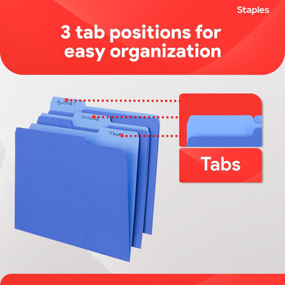 Staples File Folders, Letter Size, 1/3‑Cut Tabs, Purple, Durable 10.5‑Point Paper Stock, 100/Pack