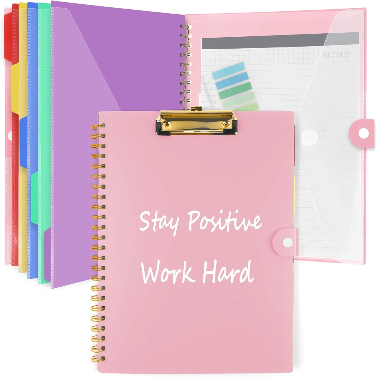 Clipboard Folio with Notepad, Multifunctional Clipboard Folder with Storage, 5 Folders with 11 Pockets, Waterproof Organizer with Refillable Notepad 40 Pages, Lightweight, Button Closure (Macron Pink)