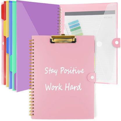 Clipboard Folio with Notepad, Multifunctional Clipboard Folder with Storage, 5 Folders with 11 Pockets, Waterproof Organizer with Refillable Notepad 40 Pages, Lightweight, Button Closure (Macron Pink)
