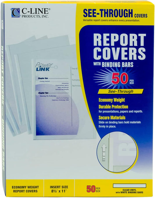 Vinyl Report Covers With Binding Bars 50/Pkg-Clear With White Binding