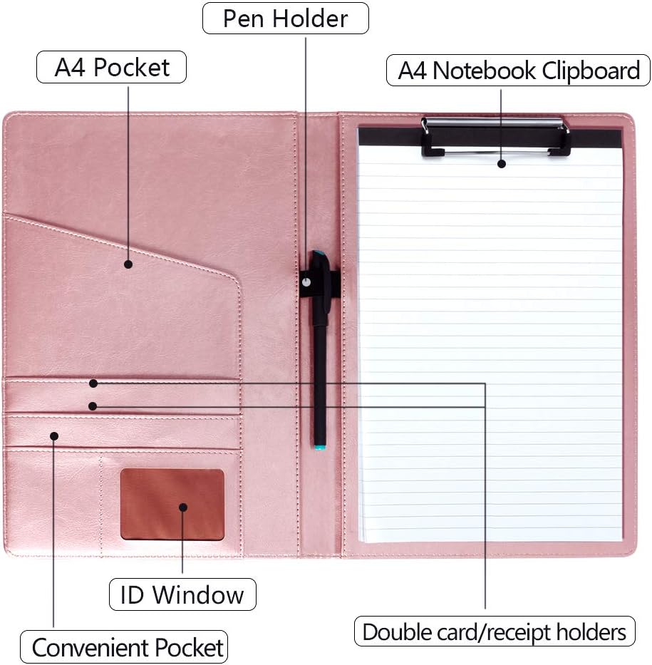 Pink Padfolio Clipboard Portfolio Folder with Pen - Geila PU Leather Resume Portfolio - Interview/Legal Document Organizer & Conference Folder for Business Office - with 8.5 x11In Writing Pad