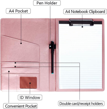 Pink Padfolio Clipboard Portfolio Folder with Pen - Geila PU Leather Resume Portfolio - Interview/Legal Document Organizer & Conference Folder for Business Office - with 8.5 x11In Writing Pad