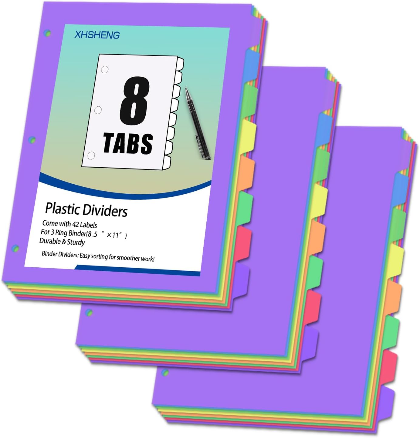 24Pcs/3 Sets Binder Dividers for 3 Ring Binder,8 Tab Binder Plastic Page dividers with Tab,8TAB Set,Multicolor