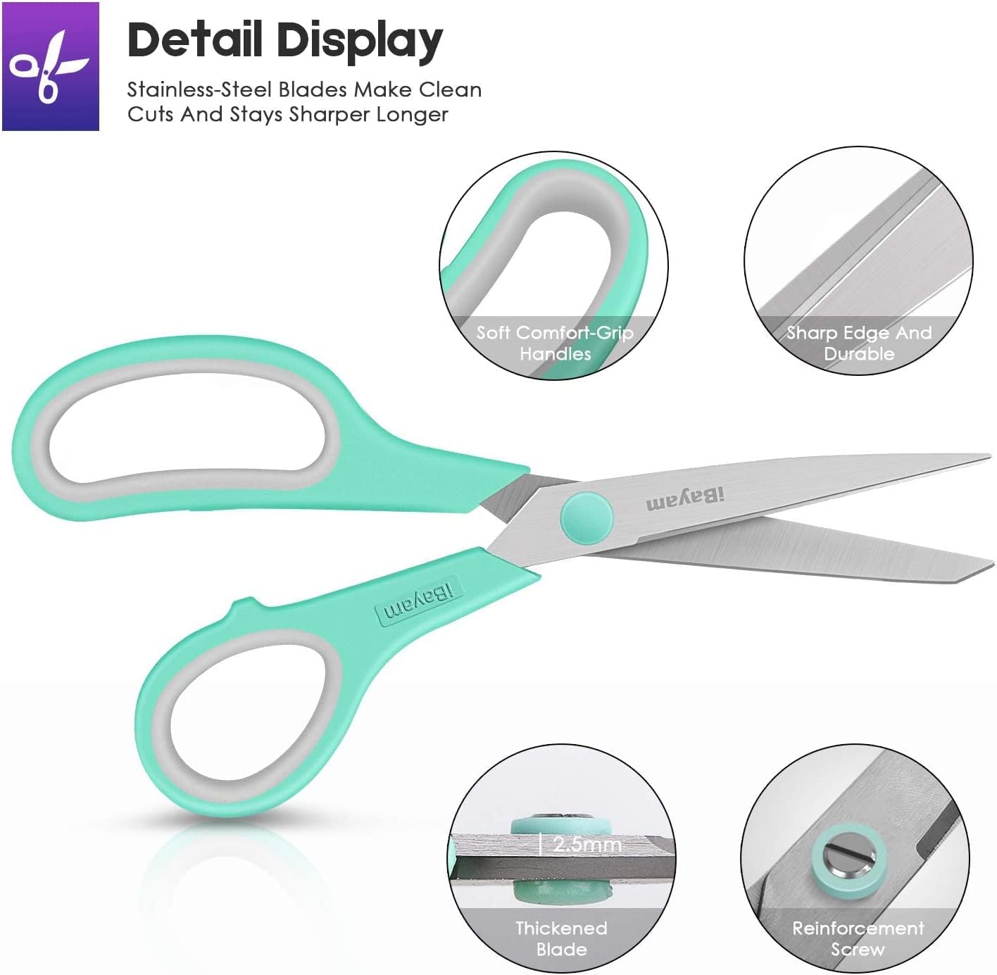 Scissors, iBayam 8" All Purpose Scissors Bulk 3-Pack, Ultra Sharp 2.5mm Thick Blade Shears Comfort-Grip for Aesthetic Fun Cute School Office Teacher Desk Crafts and Art Supplies Accessories Essential