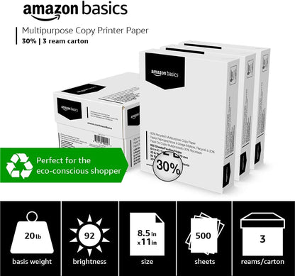 Amazon Basics 30% Recycled Multipurpose Copy & Print Paper, 8.5 x 11 Inches, 20 lb Weight, 92 Bright, White, FSC Certified, 1500 Sheets (3 Reams)