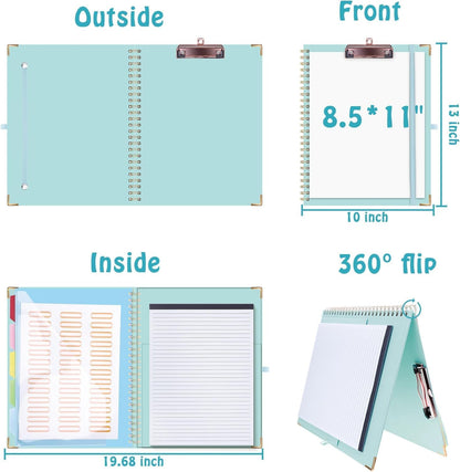 HAUTOCO Clipboard Folio with Refillable Notepad for Letter Size (11" x 8.5"), 5 Dividers with 10 Pockets, Elastic Pen Holder and File Folder Labels, Spiral Nurse Clipboard Artboard(Green)