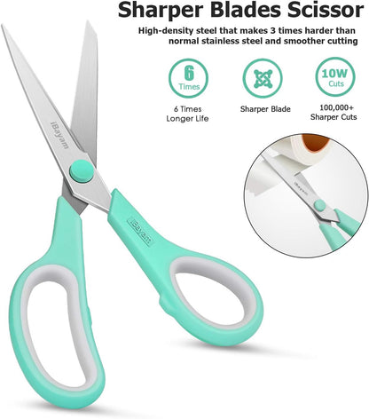Scissors, iBayam 8" All Purpose Scissors Bulk 3-Pack, Ultra Sharp 2.5mm Thick Blade Shears Comfort-Grip for Aesthetic Fun Cute School Office Teacher Desk Crafts and Art Supplies Accessories Essential
