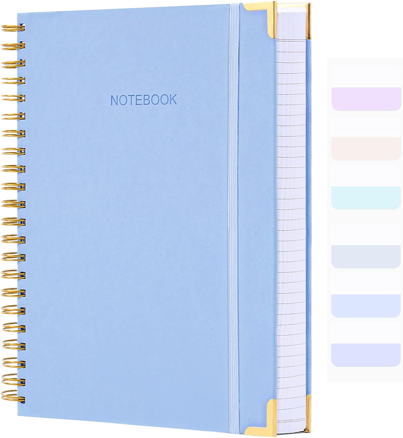 Spiral Notebook, College Ruled Notebook Journal, 7” x 10”, 300 Pages Leather Writing Journal for Women Men, B5 Hardcover Notebook for Work School, 24pcs Index Tabs, Light Blue