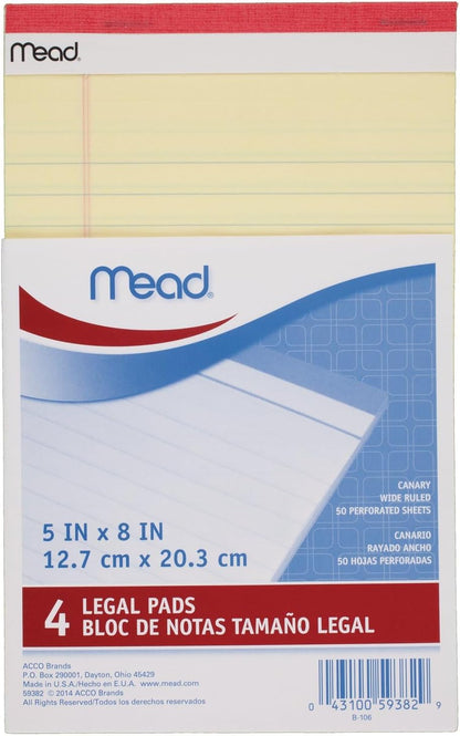 Mead Canary Junior Legal Pads, 5 x 8 Inch, 4 Pack 50 Sheets (59382)