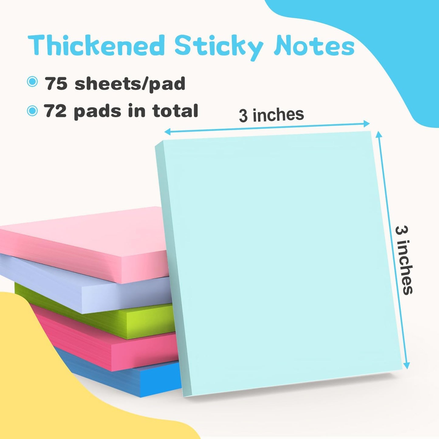 Sticky Notes 3x3 Inch (48 Pads) Bright Colors Self-Stick Memo Pads, Thick Paper Easy to Stick & Remove
