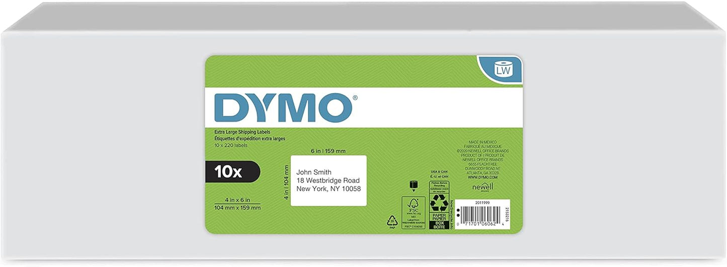 DYMO Authentic LW Extra-Large Shipping Labels DYMO Labels for LabelWriter 5XL and 4XL Label Printers Only White 4" x 6" 1 Roll of 220